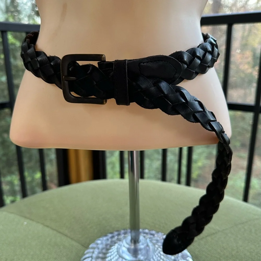 Classic Quality Braided Black Leather Child-Sized Belt by Lands’ End ~ XL Kid